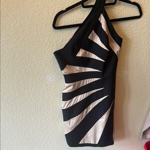 Black and Cream One-Shoulder Dress. Flavio Castellani. Size Small